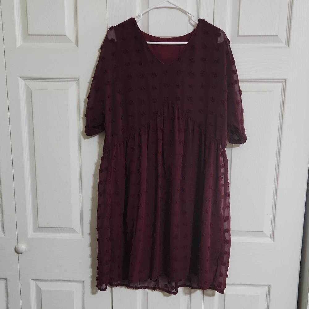 Red Pleated Midi Sundress with 3/4 Sleeves